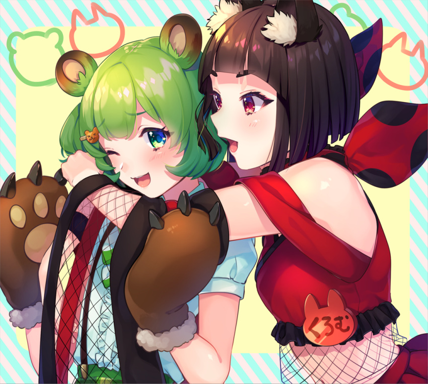 2girls animal_ears bbbannooo bear_ears bear_paws black_hair blush breasts character_request copyright_request eyebrows_visible_through_hair fox_ears green_eyes green_hair hair_ornament hairclip looking_at_another medium_breasts multiple_girls one_eye_closed open_mouth red_eyes short_hair short_sleeves smile