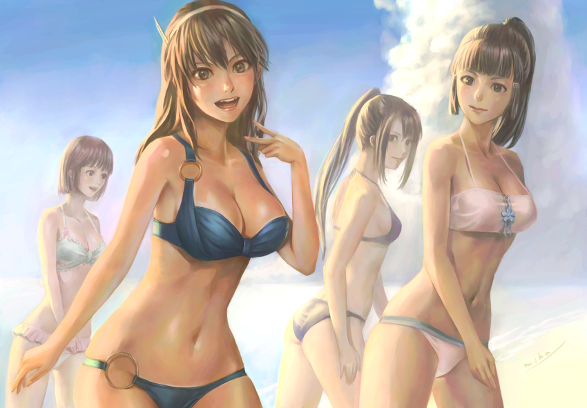 4girls absurdly_long_hair alternate_costume alternate_hairstyle ashigara_(kantai_collection) ass bangs beach bikini black_hair blue_bikini blue_sky blush breasts brown_eyes brown_hair cleavage clouds day frilled_bikini frills groin haguro_(kantai_collection) hair_ornament hairband hairclip highres kantai_collection large_breasts long_hair looking_at_viewer medium_breasts mid-stride multiple_girls murasaki-sin myoukou_(kantai_collection) nachi_(kantai_collection) navel o-ring o-ring_bikini ocean open_mouth outdoors ponytail purple_bikini remodel_(kantai_collection) sand short_hair sidelocks signature sky smile stomach swimsuit thighs v very_long_hair walking white_bikini