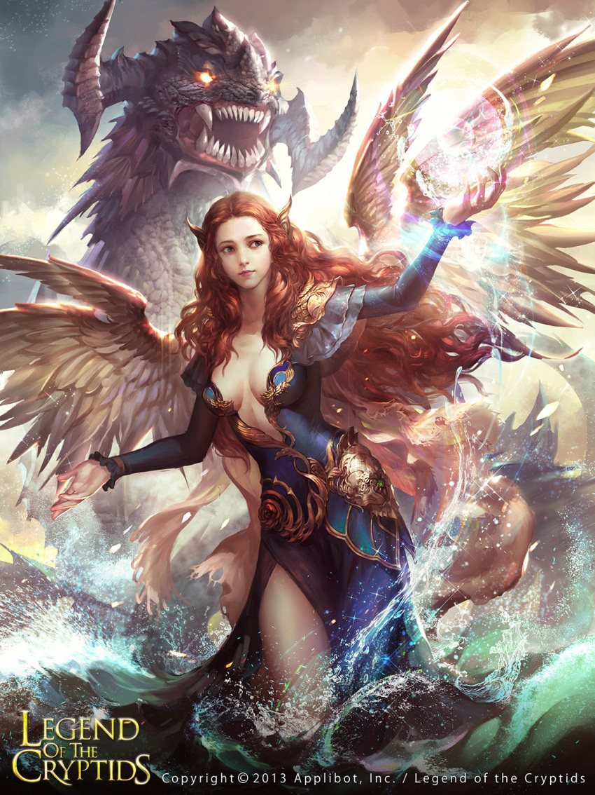 1girl blue_eyes breasts center_opening cleavage copyright_name curly_hair dress fangs feathered_wings glowing glowing_eyes hair_ornament highres horns legend_of_the_cryptids long_hair monster official_art open_mouth orange_hair solo sparkle water wings yellow_eyes