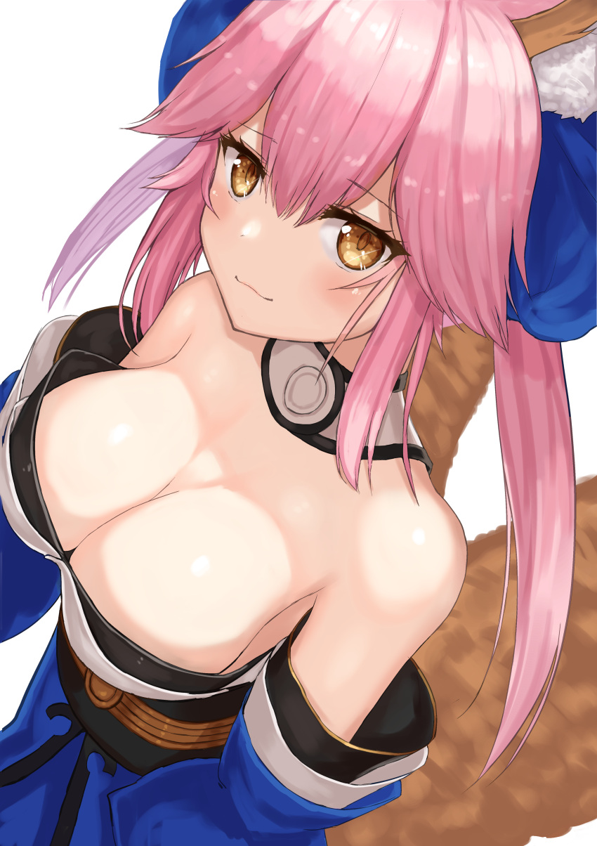 1girl :3 absurdres animal_ear_fluff animal_ears bare_shoulders blue_ribbon blush breasts cleavage fate/extra fate/grand_order fate_(series) fox_ears fox_girl fox_tail hair_ribbon highres hoshibudou japanese_clothes large_breasts pink_hair ribbon simple_background smile solo tail tamamo_(fate)_(all) tamamo_no_mae_(fate) white_background yellow_eyes