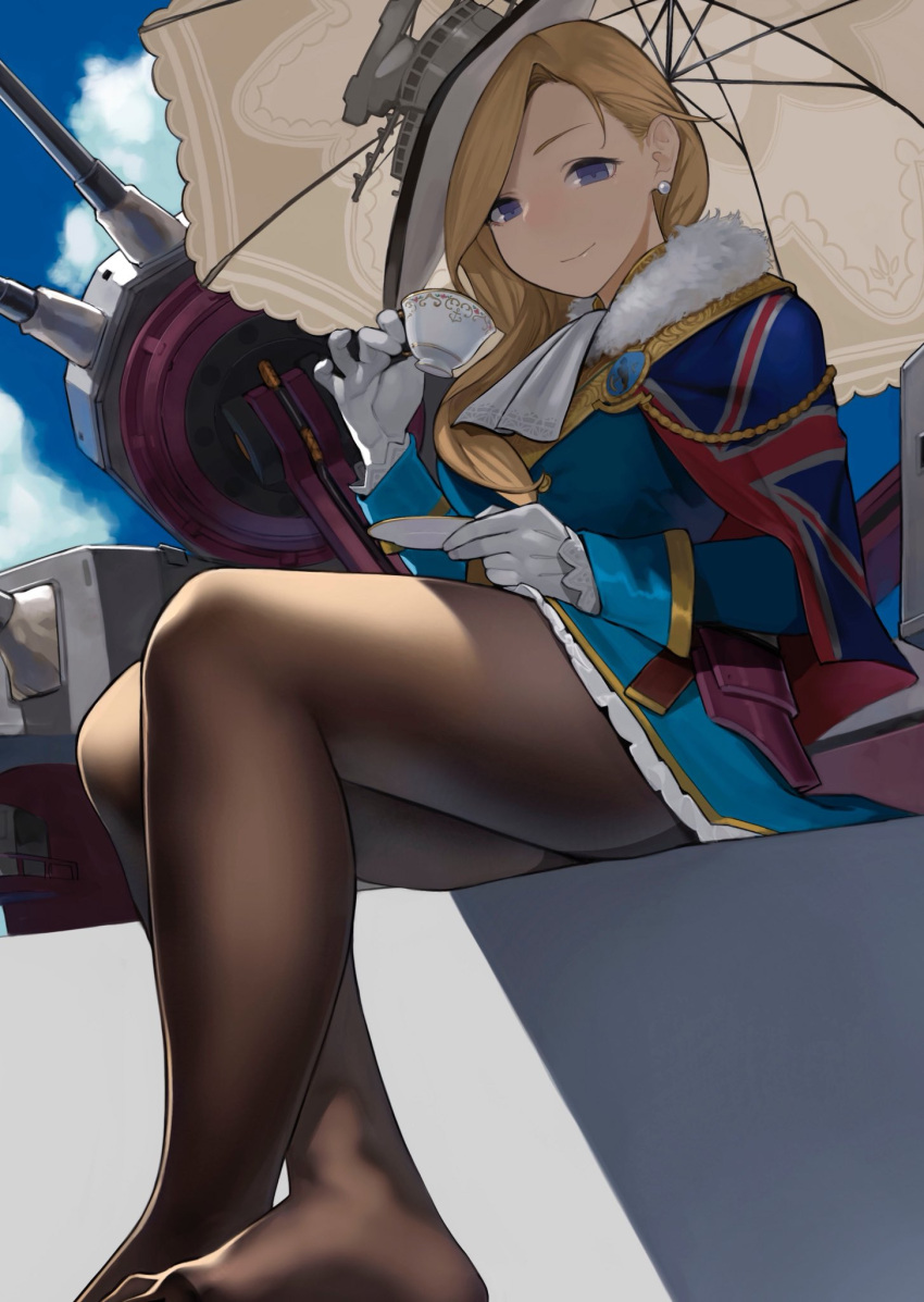1girl aiguillette ascot azur_lane bangs blonde_hair blue_eyes blue_sky blush breasts capelet closed_mouth clouds crossed_ankles cup dress earrings eyebrows_visible_through_hair gloves hair_ornament hair_over_shoulder hat highres holding holding_cup holding_saucer hood_(azur_lane) jewelry large_breasts long_hair looking_at_viewer machinery no_shoes open_mouth rigging sitting sky smile solo stud_earrings union_jack white_gloves yomu_(sgt_epper)
