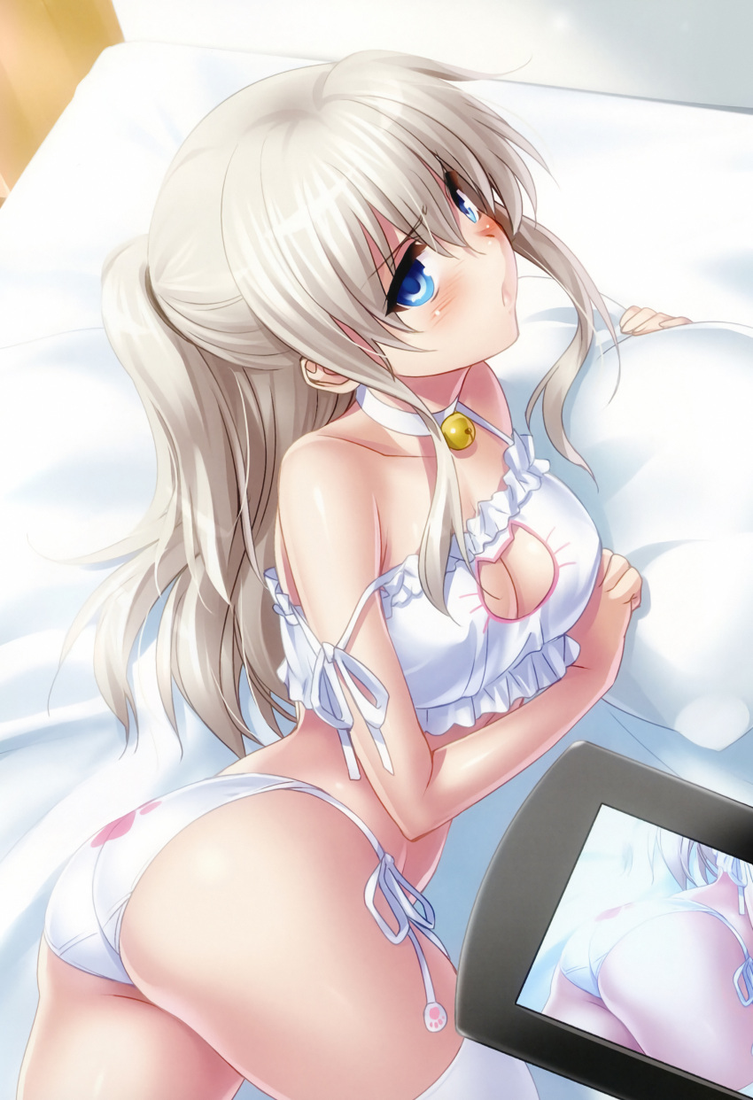 1girl absurdres ass bed bell bell_choker blue_eyes bra breasts camcorder cat_cutout cat_ear_panties cat_lingerie charlotte_(anime) choker cleavage_cutout eyebrows_visible_through_hair half_updo highres indoors jingle_bell long_hair lying medium_breasts meme_attire on_bed on_side panties pillow pillow_grab recording scan side-tie_panties sidelocks silver_hair solo strap_slip thigh-highs tomori_nao underwear underwear_only white_bra white_legwear white_panties zen