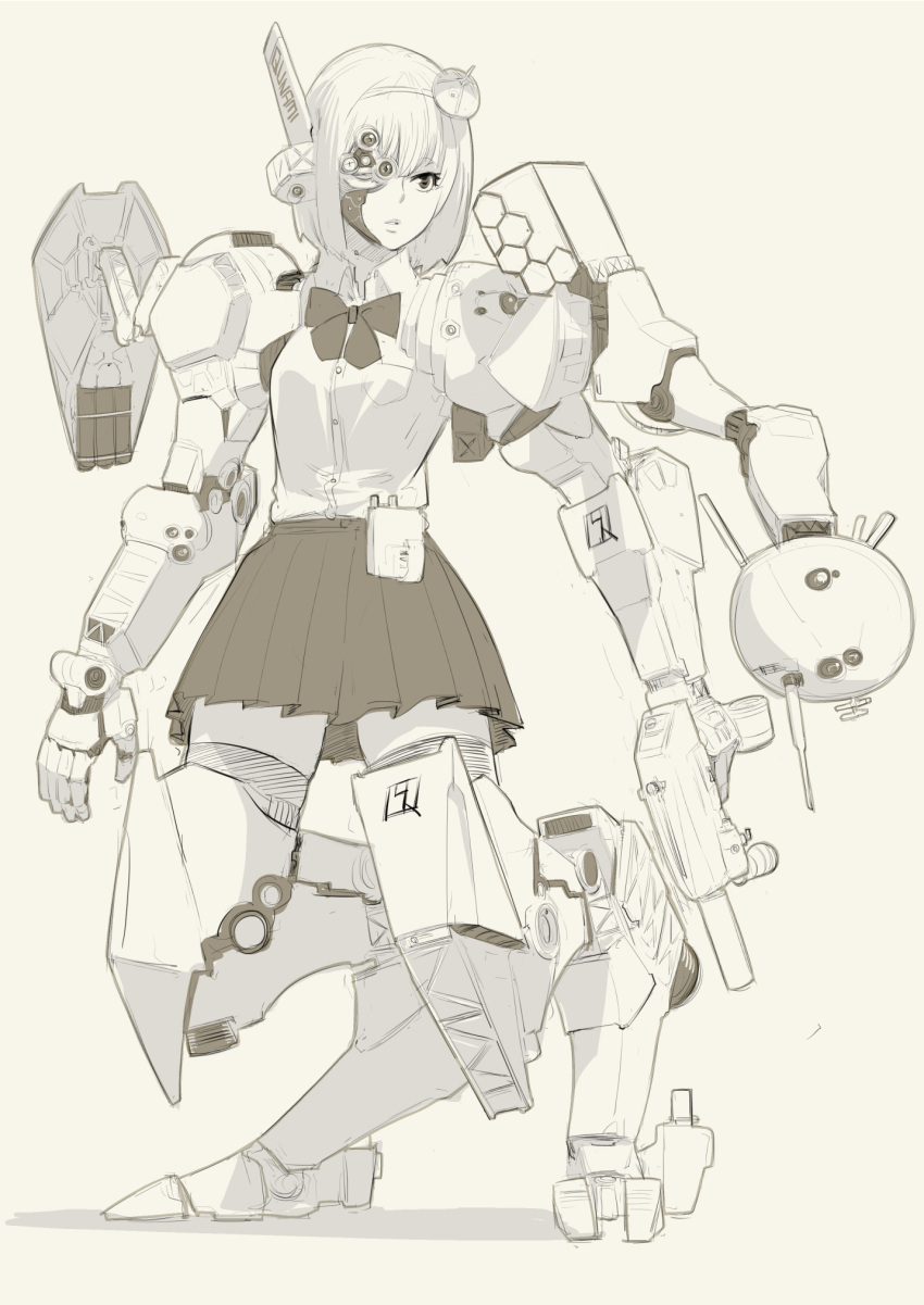 1girl bow bowtie closed_mouth collared_shirt commentary_request full_body greyscale gun hairband highres holding holding_gun holding_weapon kunami_himehiko mechanical_arms mechanical_legs monochrome original pleated_skirt robot shirt short_hair skirt solo submachine_gun thigh-highs weapon wing_collar zettai_ryouiki
