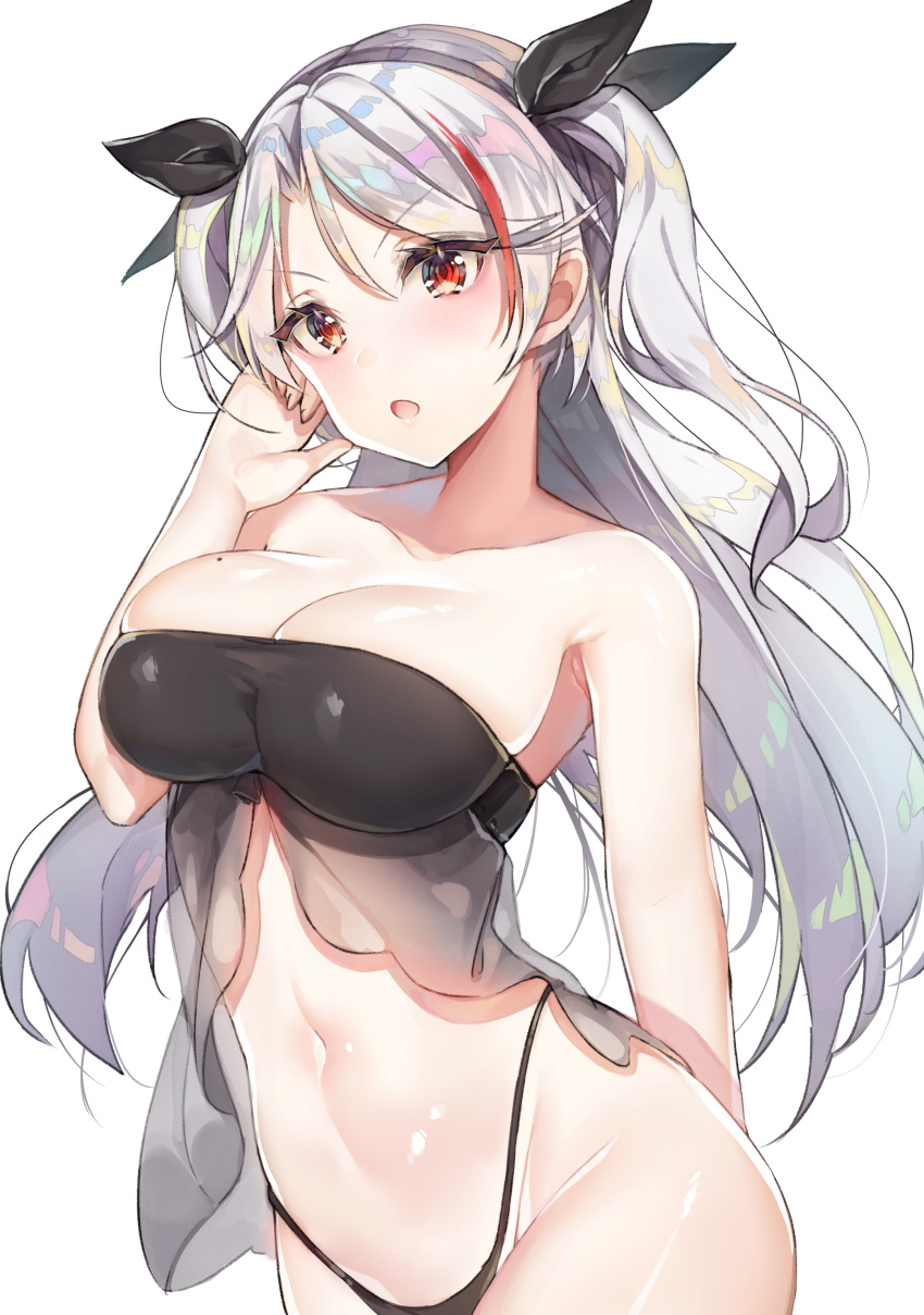 1girl absurdres alternate_costume arm_behind_back armpits azur_lane bangs bare_shoulders bikini black_bikini black_ribbon blush breasts cleavage collarbone cowboy_shot curvy eyebrows_visible_through_hair groin hair_ribbon hand_to_own_face head_tilt highleg highleg_bikini highres large_breasts long_hair looking_at_viewer mole mole_on_breast multicolored_hair navel open_mouth prinz_eugen_(azur_lane) ribbon see-through shiny shiny_skin sidelocks silver_hair simple_background skindentation solo stomach streaked_hair swimsuit thighs two_side_up white_background yayoichi_(yoruyoru108)