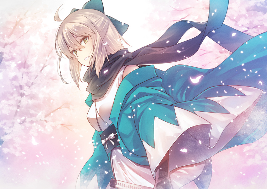 1girl ahoge arm_guards black_scarf blonde_hair bow cherry_blossoms dutch_angle falling_petals fate/grand_order fate_(series) from_below furai green_bow hair_bow half_updo haori holding holding_sword holding_weapon japanese_clothes katana kimono okita_souji_(fate) okita_souji_(fate)_(all) sash scarf shinsengumi short_kimono sleeveless sleeveless_kimono standing sword weapon white_kimono yellow_eyes
