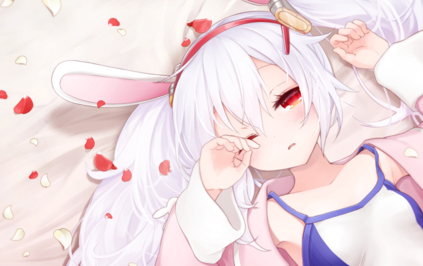 1girl animal_ears azur_lane blush camisole fake_animal_ears laffey_(azur_lane) lying on_back parted_lips petals rabbit_ears red_eyes rubbing_eyes sleepy sumi_(kjtd2458) twintails white_hair