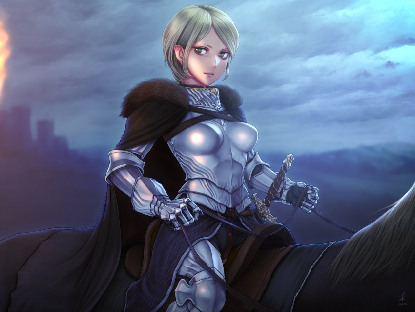 1girl animal armor black_cape blonde_hair boobplate breastplate cape closed_mouth clouds cloudy_sky fur_trim gauntlets green_eyes highres horiishi_horuto horse horseback_riding knight original outdoors riding saddle sheath sheathed short_hair sky solo sword weapon