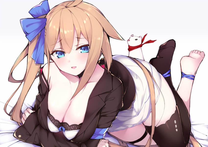 1girl barefoot black_bra blue_eyes bra breast_hold breasts brown_hair child cleavage commentary_request cropped_jacket crossed_arms dress eyebrows_visible_through_hair fal_(girls_frontline) girls_frontline hair_ribbon haruyuki_(yukichasoba) head_tilt jacket large_breasts long_hair long_sleeves looking_at_viewer lying off_shoulder open_clothes open_jacket ribbon short_dress side_ponytail single_sidelock single_thighhigh smile solo strap_slip thigh-highs thigh_strap underwear very_long_hair weasel white_dress