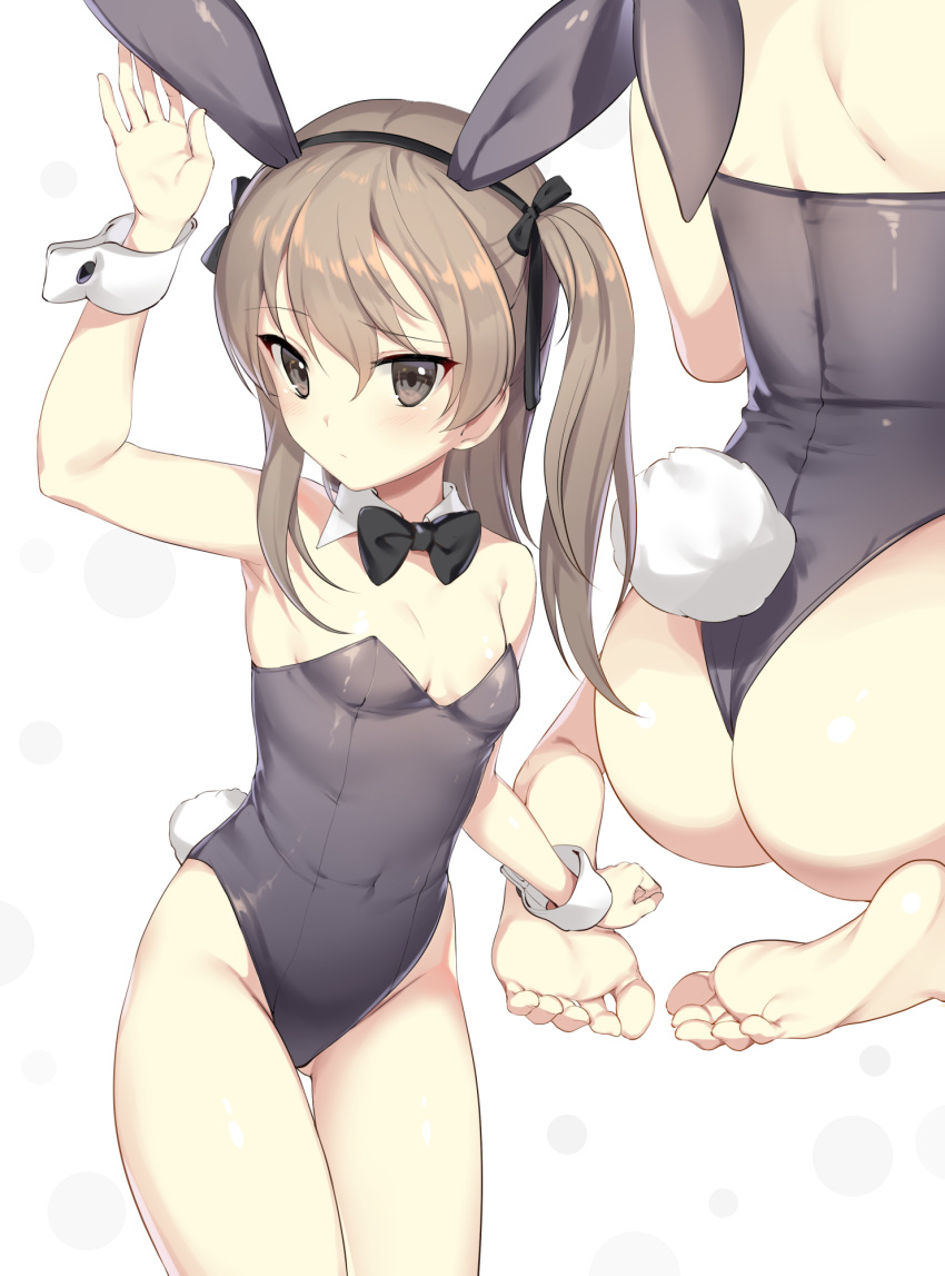 1girl animal_ears ass ass_visible_through_thighs bangs bare_shoulders barefoot black_leotard blush bow bowtie breasts brown_eyes brown_hair bunny_tail bunnysuit covered_navel detached_collar eyebrows_visible_through_hair fake_animal_ears feet frown girls_und_panzer groin hair_between_eyes hair_ribbon highleg highleg_leotard highres ikomochi leotard long_hair multiple_views one_side_up rabbit_ears ribbon shimada_arisu shiny shiny_clothes shiny_hair side_ponytail sitting small_breasts soles tail white_background wrist_cuffs