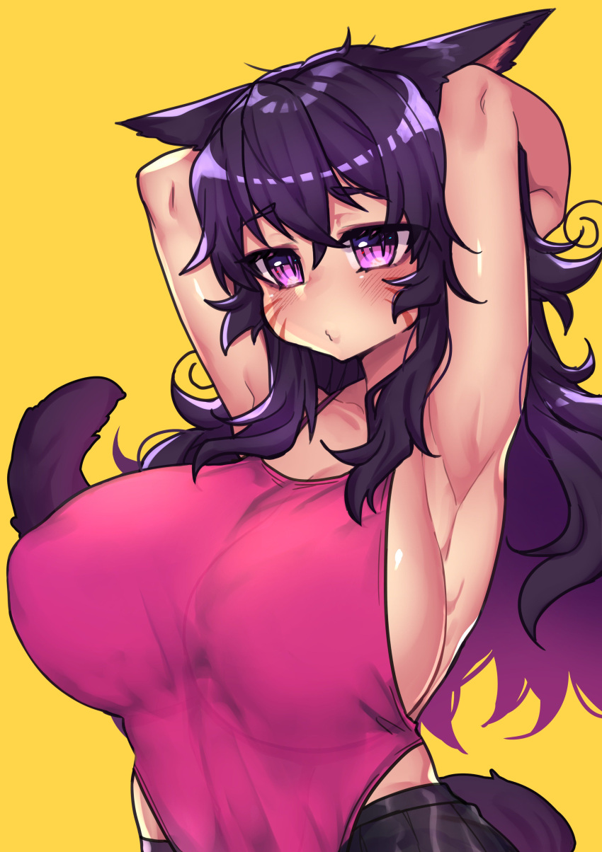 1girl absurdres animal_ears armpits arms_behind_head arms_up blush breasts cat_ears closed_mouth dark_skin highres large_breasts nyarla_(osiimi) original osiimi pov purple_hair shiny shiny_skin violet_eyes