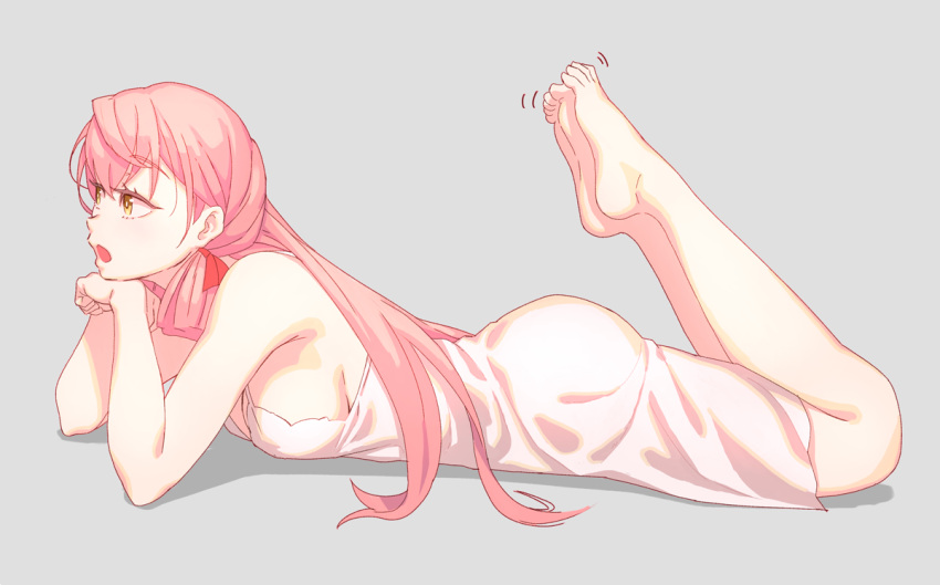 1girl akashi_(kantai_collection) bare_shoulders barefoot breasts brown_eyes dress full_body grey_background hair_ribbon hand_on_own_chin kantai_collection long_hair lying medium_breasts nightgown on_stomach open_mouth pink_hair ribbon sideboob simple_background solo tress_ribbon white_dress yuuji_(and)