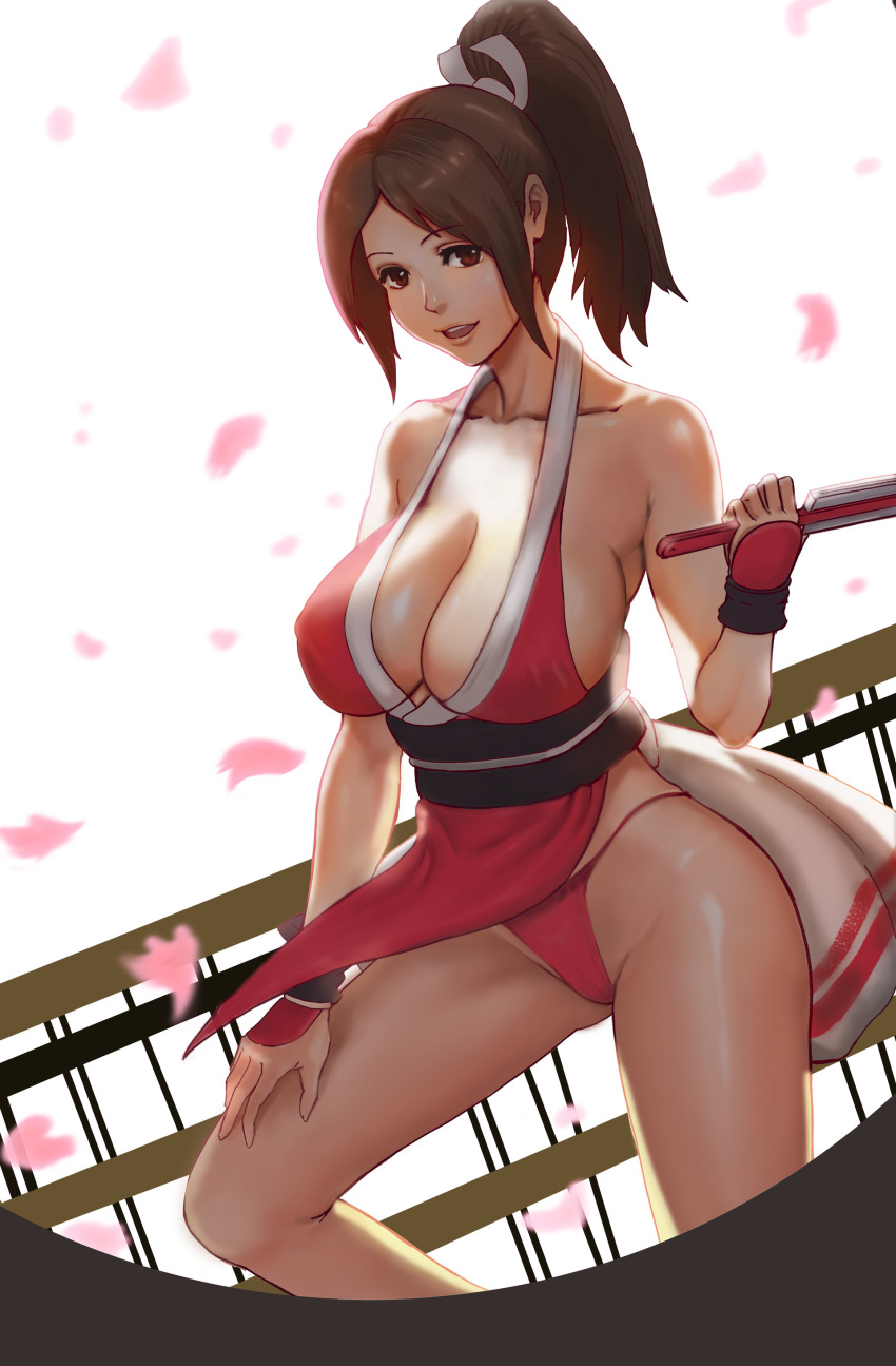 1girl absurdres bare_shoulders breasts brown_eyes brown_hair carieswgli0911 cherry_blossoms cleavage closed_fan collarbone commentary covered_nipples english_commentary eyebrows_visible_through_hair falling_petals fan fatal_fury folding_fan hair_tie hand_on_own_thigh high_ponytail highres holding holding_fan japanese_clothes large_breasts legs looking_at_viewer ninja obi open_mouth pelvic_curtain pink_lips ponytail railing revealing_clothes sash shiranui_mai sideboob standing the_king_of_fighters thighs thong