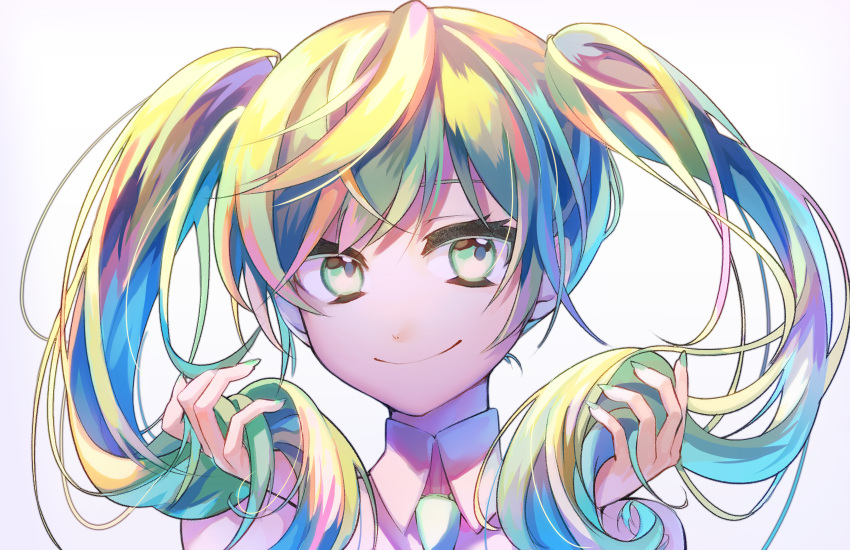 1girl green_eyes green_nails hatsune_miku highres hikari50503 holding holding_hair long_hair looking_at_viewer multicolored_hair nail_polish necktie portrait shirt simple_background smile solo twintails vocaloid white_background white_shirt