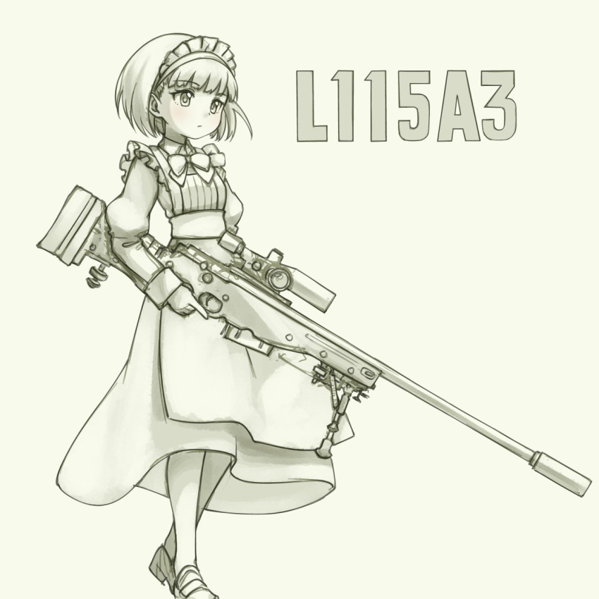 1girl apron bow bowtie closed_mouth dress eyebrows_visible_through_hair frills grey_background greyscale gun highres holding holding_gun holding_weapon juliet_sleeves l115a3 loafers long_dress long_sleeves maid maid_apron maid_headdress monochrome original pas_(paxiti) puffy_sleeves rifle shoes short_hair simple_background sniper_rifle solo trigger_discipline walking weapon