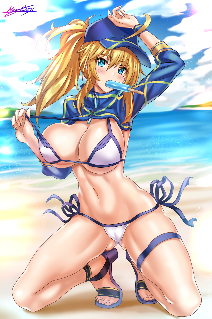 1girl absurdres ahoge arm_up artoria_pendragon_(all) bangs baseball_cap beach bikini blonde_hair blue_eyes blue_hat blue_sky blush breasts cleavage fate/grand_order fate_(series) food hair_between_eyes hat highres hips kneeling large_breasts legs long_hair looking_at_viewer mouth_hold mysterious_heroine_xx_(foreigner) navel nez-kun ocean ponytail popsicle sandals shrug_(clothing) side-tie_bikini sidelocks signature sky solo strap_pull swimsuit thigh_strap thighs waist white_bikini wristband zipper_pull_tab