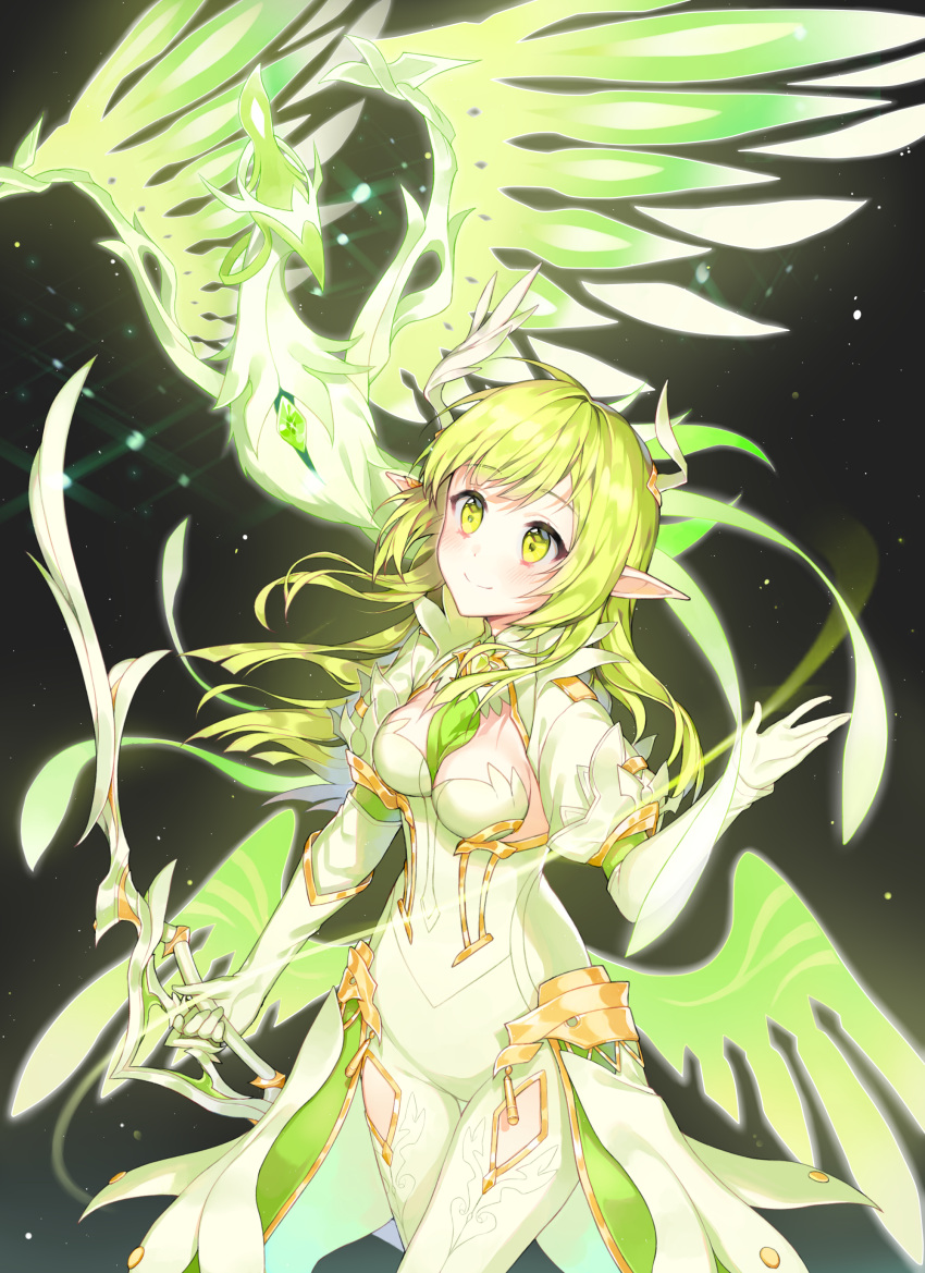 1girl absurdres blush bow breasts cleavage cyg38801 daybreaker_(elsword) elf elsword eyebrows_visible_through_hair familiar green_eyes green_hair hair_ornament highres holding holding_weapon long_hair pointy_ears rena_(elsword) smile weapon