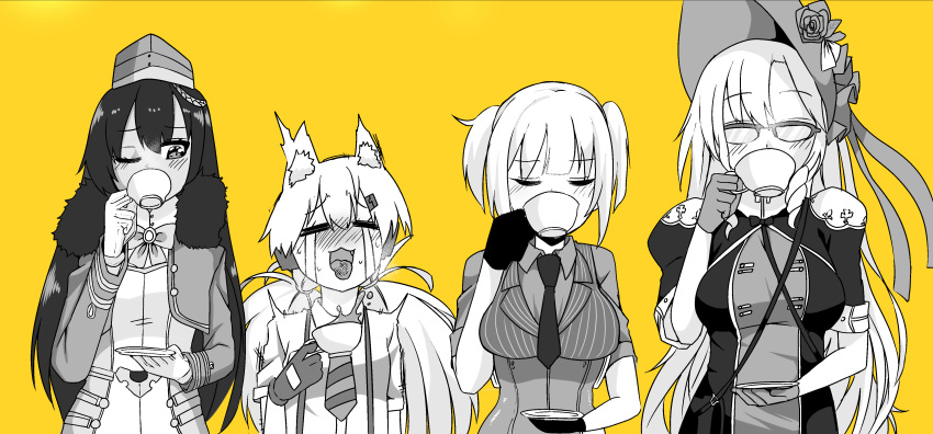 4girls absurdres animal_ears bonnet bow bowtie bren_(girls_frontline) capoki cat_ears crying cup drinking girls_frontline glasses gloves hat highres idw_(girls_frontline) jacket l85a1_(girls_frontline) military military_hat military_uniform multiple_girls necktie puffy_sleeves saucer suspenders tea teacup tongue tongue_out uniform welrod_mk2_(girls_frontline)