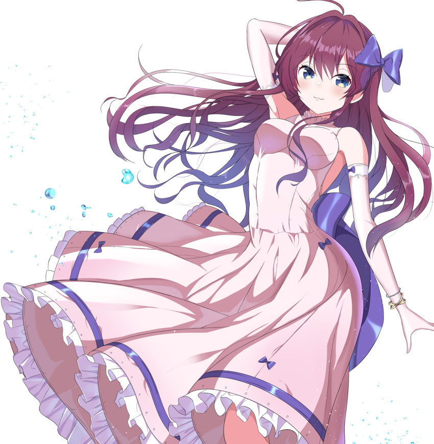 1girl ahoge arm_behind_head blue_bow blue_eyes bow bracelet breasts brown_hair dress elbow_gloves eyebrows_visible_through_hair floating_hair frilled_dress frills gloves hair_between_eyes hair_bow highres ichinose_shiki idolmaster idolmaster_cinderella_girls idolmaster_cinderella_girls_starlight_stage jewelry long_dress long_hair looking_at_viewer medium_breasts shiny shiny_hair simple_background sleeveless sleeveless_dress smile solo standing sutoroa very_long_hair white_background white_dress white_gloves