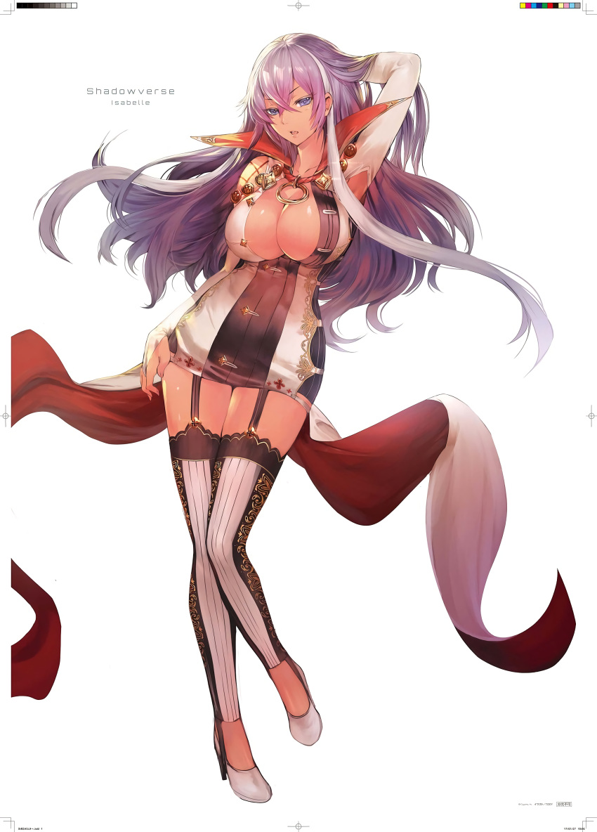 1girl absurdres armpit_cutout blue_eyes breasts bridal_gauntlets cleavage dress garter_straps hair_between_eyes hand_in_hair hand_on_thigh highres isabelle_(shadowverse) large_breasts long_hair looking_at_viewer multicolored_hair official_art open_mouth purple_hair shadowverse simple_background solo teddy_(khanshin) thigh-highs two-tone_hair white_hair