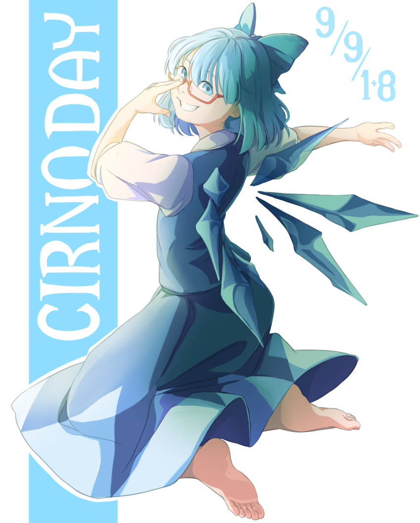 1girl adjusting_eyewear barefoot bespectacled blue_hair bow character_name cirno dated glasses grin hair_bow highres ice ice_wings kneeling looking_at_viewer looking_back math mefomefo outstretched_arm semi-rimless_eyewear short_hair simple_background smile solo touhou under-rim_eyewear white_background wings