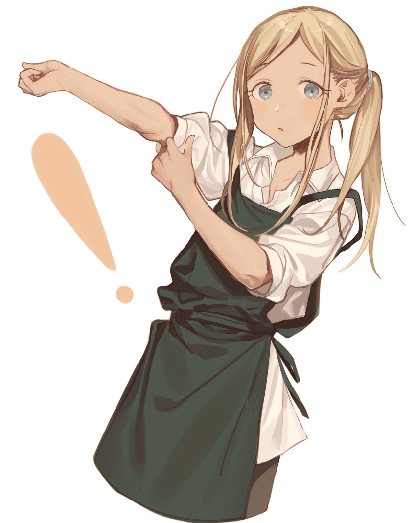 ! 1girl apron bangs blonde_hair blue_eyes blush collared_shirt commentary_request eyebrows_visible_through_hair green_apron hair_ribbon highres idolmaster idolmaster_cinderella_girls layla_(idolmaster) long_hair looking_at_viewer mo_(mokatampe) outstretched_arm parted_bangs parted_lips ponytail ribbon shirt sidelocks simple_background sleeves_rolled_up solo upper_body white_background white_shirt