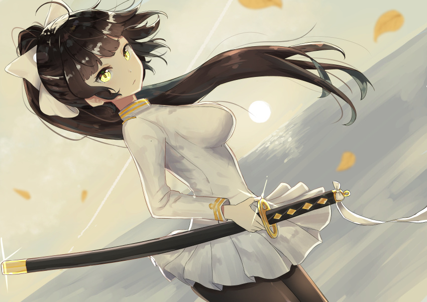 1girl absurdres azur_lane bangs bow breasts brown_eyes brown_hair brown_legwear closed_mouth commentary_request coraman dutch_angle from_side hair_bow high_ponytail highres holding holding_sheath horizon jacket katana large_breasts long_hair long_sleeves looking_at_viewer looking_to_the_side ocean outdoors pantyhose parted_lips petals pleated_skirt ponytail ribbon sheath sheathed sidelocks skirt sky solo sun sunset sword takao_(azur_lane) very_long_hair water weapon white_bow white_jacket white_ribbon white_skirt