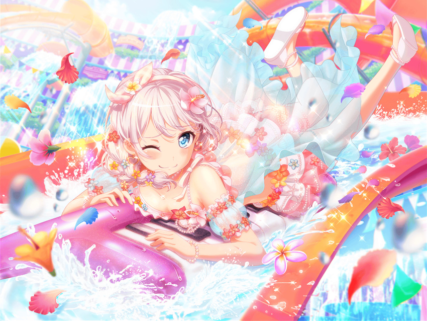 bang_dream! bikini blush green_eyes grey_hair lifesaver long_hair smile summer wakamiya_eve wink