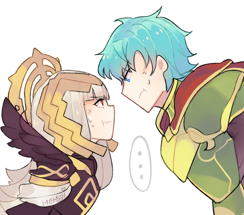 1boy 1girl angry armor blue_eyes blue_hair cape crown ephraim fire_emblem fire_emblem:_seima_no_kouseki fire_emblem_heroes gloves green_hair grey_hair hair_ornament highres lazymimium long_hair nintendo red_eyes short_hair simple_background veronica_(fire_emblem)