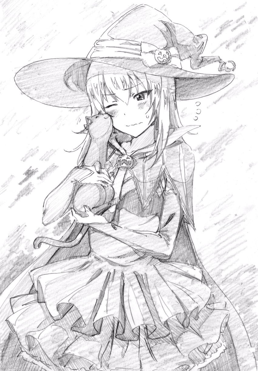 1girl blush cape cat character_request closed_mouth commentary_request cowboy_shot dress embarrassed eyebrows_visible_through_hair flying_sweatdrops girls_und_panzer greyscale hat highres holding holding_cat long_hair monochrome one_eye_closed pink_x scan short_dress sketch solo traditional_media witch witch_hat