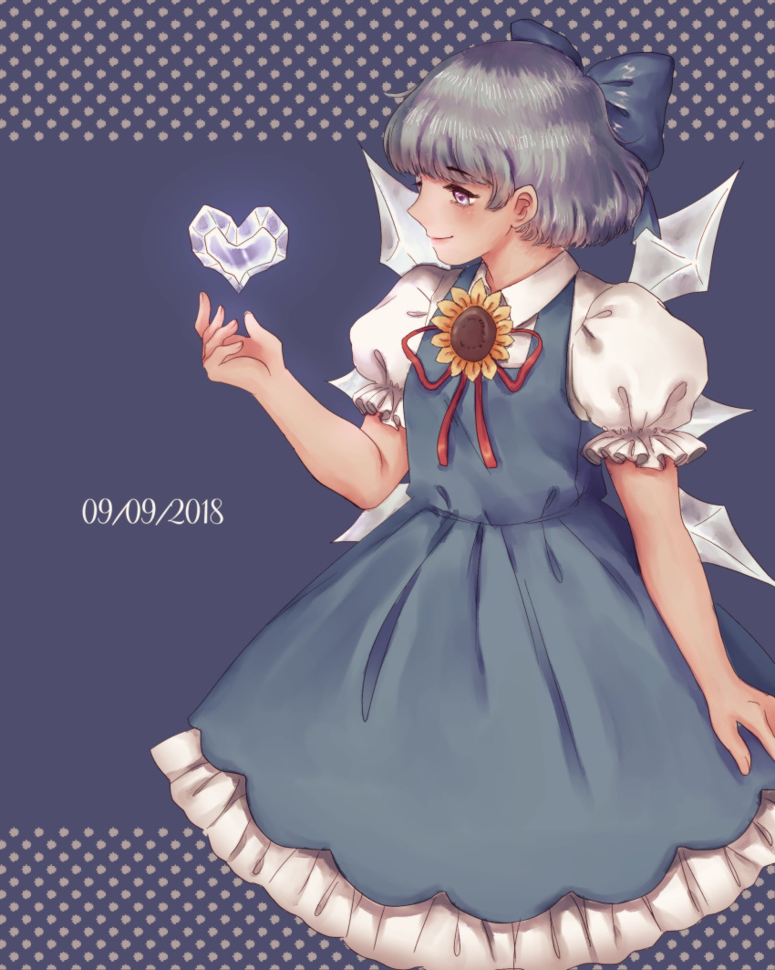 1girl absurdres blue_dress blue_eyes blue_hair bow cirno commentary dress fingernails flower hair_bow heart highres ice ice_wings large_bow lips orz_(kagewaka) puffy_short_sleeves puffy_sleeves short_hair short_sleeves solo sunflower tanned_cirno touhou wings