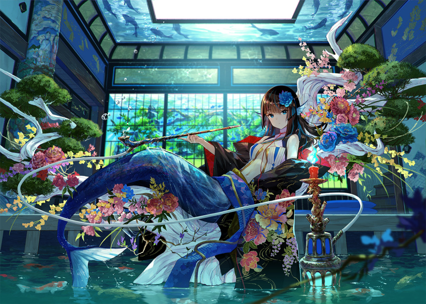 1girl bangs black_hair blue_eyes breasts center_opening commentary_request fish fish_tank floral_print flower fuji_choko full_body hair_between_eyes hair_flower hair_ornament japanese_clothes looking_at_viewer mermaid monster_girl navel obi original pipe plant reclining sash small_breasts solo tree water water_drop