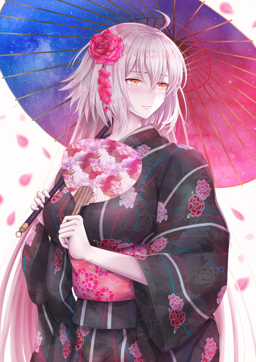 1girl absurdres ahoge alternate_costume bangs black_kimono blurry blush breasts cherry_blossoms closed_mouth commentary_request depth_of_field eyebrows_visible_through_hair falling_petals fan fate/apocrypha fate_(series) fingernails floral_print flower hair_between_eyes hair_flower hair_ornament highres holding holding_fan holding_umbrella japanese_clothes jeanne_d'arc_(alter)_(fate) jeanne_d'arc_(fate)_(all) kanzashi kimono large_breasts long_hair long_sleeves looking_away looking_to_the_side nose_blush obi oriental_umbrella pale_skin paper_fan parasol penguintake pink_flower pink_rose print_kimono print_obi print_umbrella rose sash shiny shiny_hair sidelocks silver_hair simple_background solo space_print standing starry_sky_print striped striped_kimono uchiwa umbrella very_long_hair white_background wide_sleeves yellow_eyes