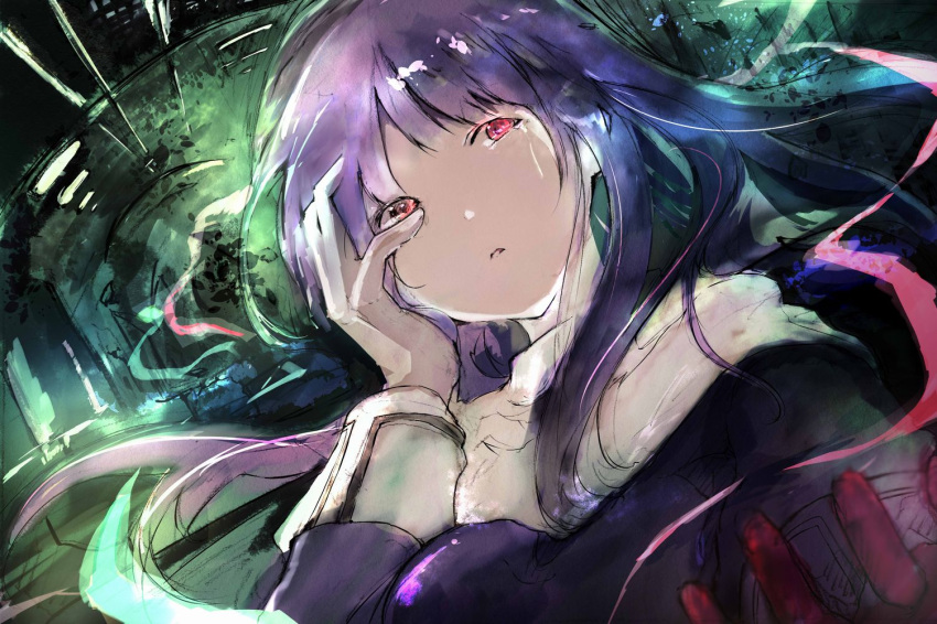 1girl asagami_fujino bangs blue_dress breasts dress fate/grand_order fate_(series) graphite_(medium) japanese_clothes kara_no_kyoukai long_hair long_sleeves purple_hair red_eyes school_uniform shado_ne solo traditional_media