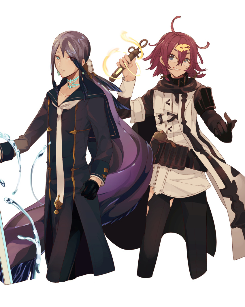 2boys ahoge aqua_eyes blue_eyes choker dorothy_(sinoalice) eyebrows_visible_through_hair eyes_visible_through_hair fins formal genderswap genderswap_(ftm) glasses gloves grin hair_ornament hairclip highres long_hair looking_at_viewer messy_hair multiple_boys ningyo_hime_(sinoalice) purple_hair ruri_kokko sailor_collar single_glove sinoalice smile suit sword very_long_hair vial water weapon white_background