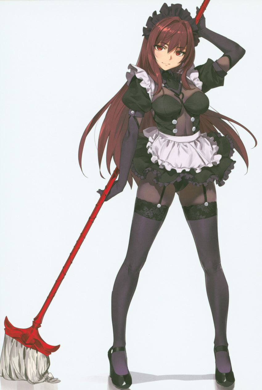 1girl absurdres alternate_costume apron bodysuit breasts covered_navel enmaided eyebrows_visible_through_hair fate/grand_order fate_(series) frills garter_straps grey_background high_heels highres incredibly_absurdres long_hair looking_at_viewer maid maid_apron maid_headdress mop puffy_sleeves purple_bodysuit purple_hair red_eyes scan scathach_(fate)_(all) scathach_(fate/grand_order) simple_background smile waist_apron yang-do
