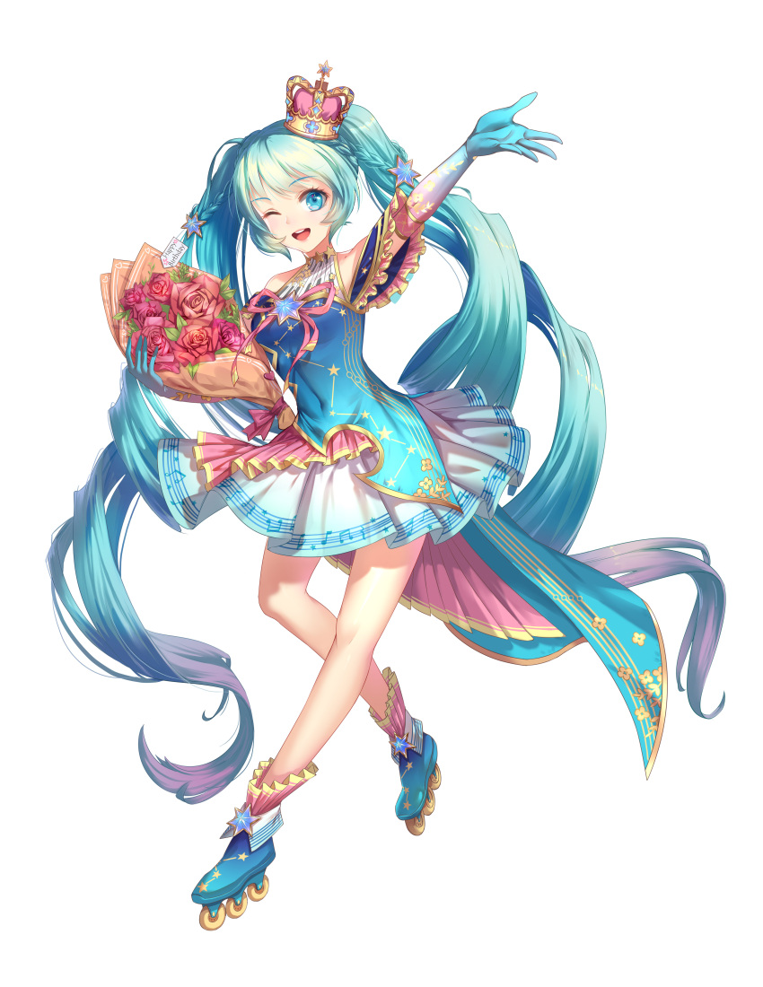 1girl ;d absurdres arm_up blue_eyes blue_gloves blue_hair bouquet crown elbow_gloves floating_hair flower full_body gloves gradient_hair guozi_li hatsune_miku head_tilt highres holding holding_bouquet long_hair mini_crown miniskirt multicolored_hair musical_note musical_note_print one_eye_closed open_mouth pink_hair print_skirt red_flower red_rose rose shoulder_cutout skirt smile solo staff_(music) two-tone_hair very_long_hair vocaloid