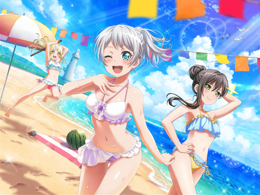 bang_dream! bikini blush green_eyes grey_hair long_hair smile wakamiya_eve wink