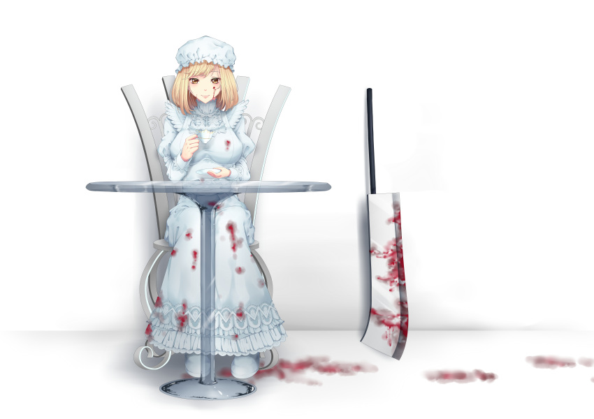 1girl absurdres arm_up bangs blonde_hair blood blood_on_face blood_on_ground bloody_clothes bloody_weapon blue_dress blue_footwear breasts chair commentary cup dress english_commentary eyebrows_visible_through_hair frilled_dress frills glaive glass_table hat hataraku_saibou high_collar highres holding holding_cup holding_saucer juliet_sleeves large_breasts long_sleeves looking_at_viewer macrophage_(hataraku_saibou) mob_cap polearm puffy_sleeves saucer short_hair simple_background sitting smile solo swept_bangs table teacup uc-sama weapon white_background yellow_eyes