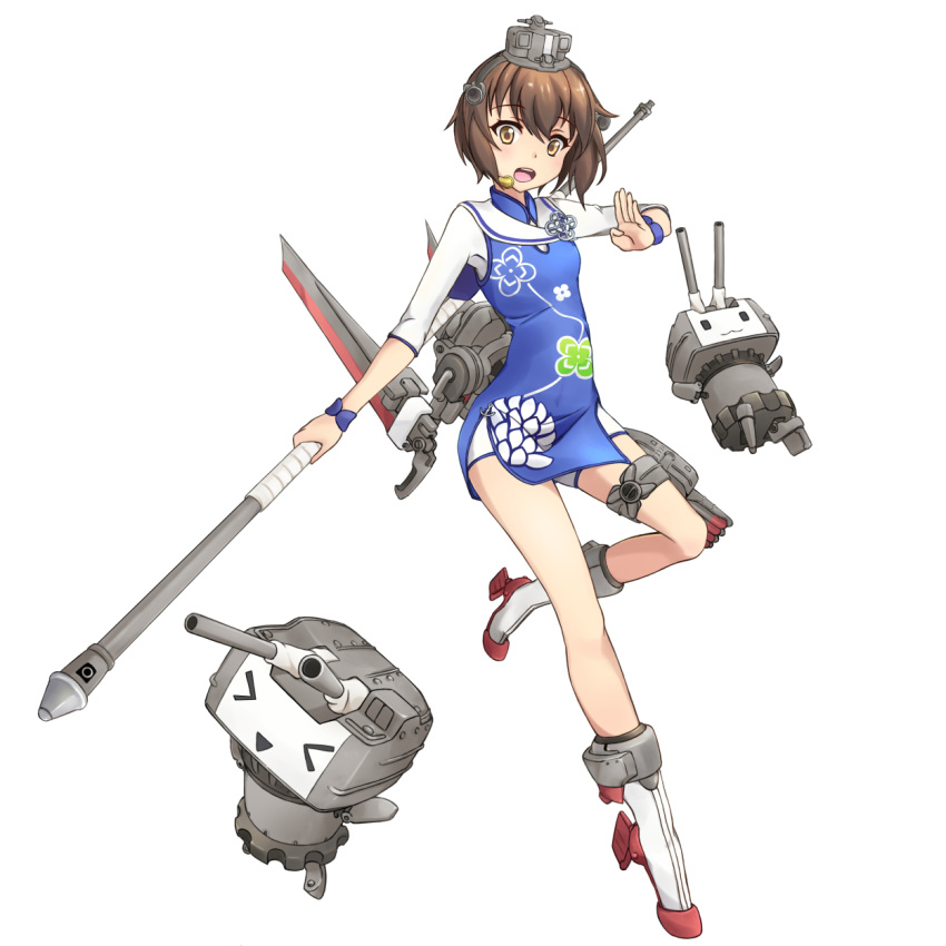 1girl alternate_costume anchor brown_eyes brown_hair china_dress chinese_clothes dress floral_print full_body headgear headset highres holding holding_staff kantai_collection minosu open_mouth rudder_shoes short_hair simple_background speaking_tube_headset staff thigh_strap turret white_background yukikaze_(kantai_collection)