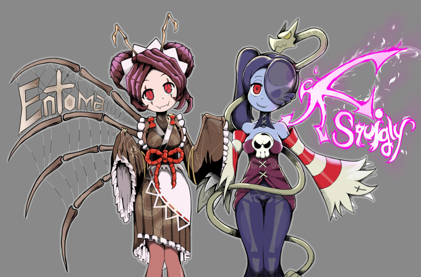 2girls antennae blue_hair blue_skin breasts bug character_name double_bun dress entoma_vasilissa_zeta fangs grey_background hair_over_one_eye highres insect insect_girl japanese_clothes kimono korean_commentary leviathan_(skullgirls) long_sleeves looking_at_viewer maid maid_headdress mixed-language_commentary multiple_girls overlord_(maruyama) purple_hair red_eyes scar scar_across_eye side_ponytail simple_background skull skullgirls smile squigly_(skullgirls) striped undead wide_sleeves x-ray zombie