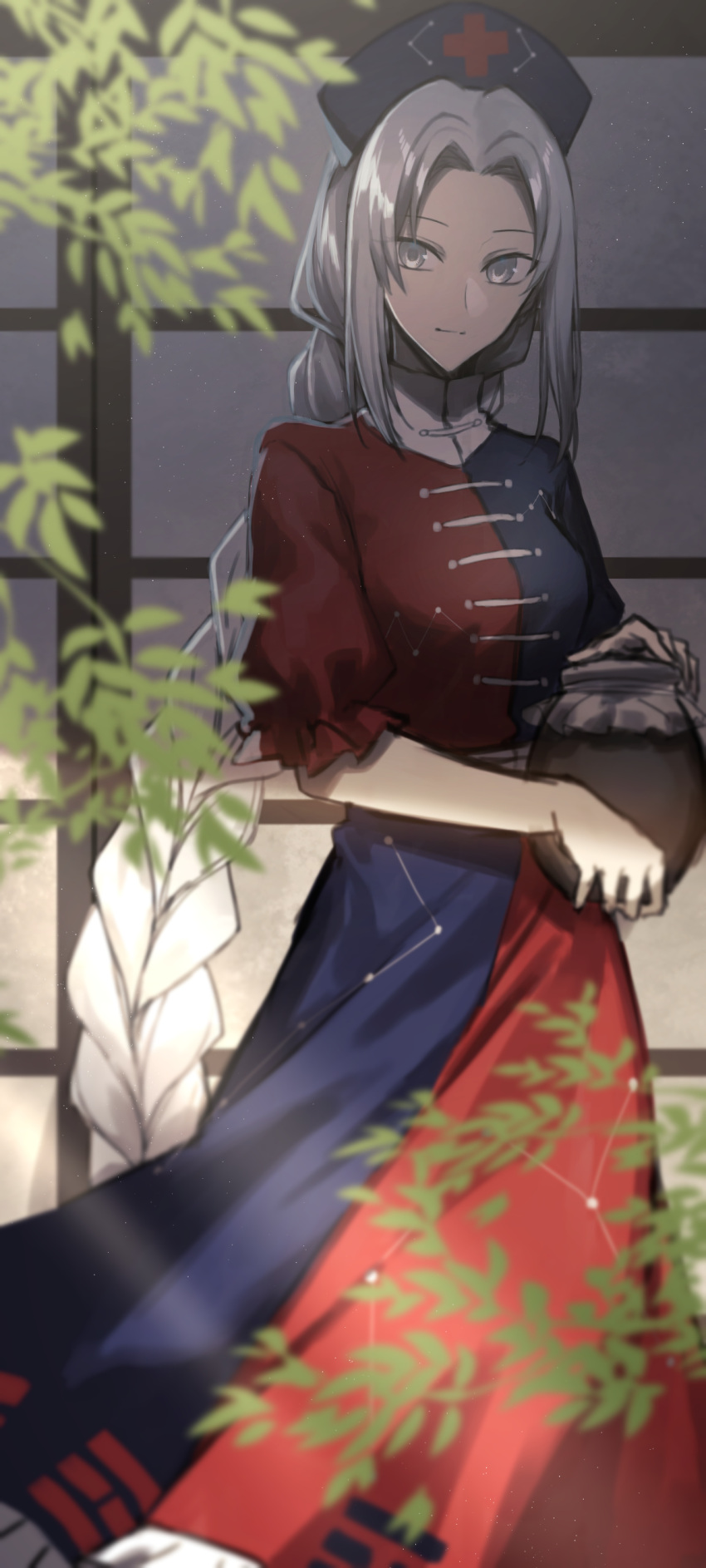 1girl absurdres blue_dress blurry braid braided_ponytail breasts commentary_request constellation_print depth_of_field dress feet_out_of_frame grey_eyes hat highres holding holding_pot leaf light_rays light_smile long_hair looking_at_viewer medium_breasts nurse_cap otoshiro_kosame pot red_dress silver_hair solo touhou two-tone_dress very_long_hair yagokoro_eirin