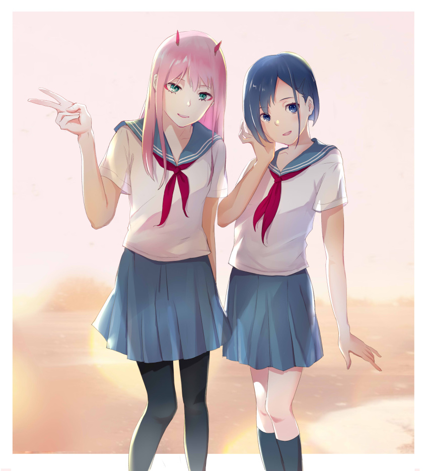 2girls :d absurdres bangs black_legwear blue_eyes blue_hair blue_skirt collarbone darling_in_the_franxx green_eyes head_tilt highres horns ichigo_(darling_in_the_franxx) kneehighs long_hair looking_at_viewer miniskirt multiple_girls neckerchief open_mouth pantyhose pantyhose_under_shorts parted_bangs pink_hair pleated_skirt red_neckwear sailor_collar school_uniform serafuku shirt short_hair short_sleeves skirt smile standing umumu v white_shirt zero_two_(darling_in_the_franxx)