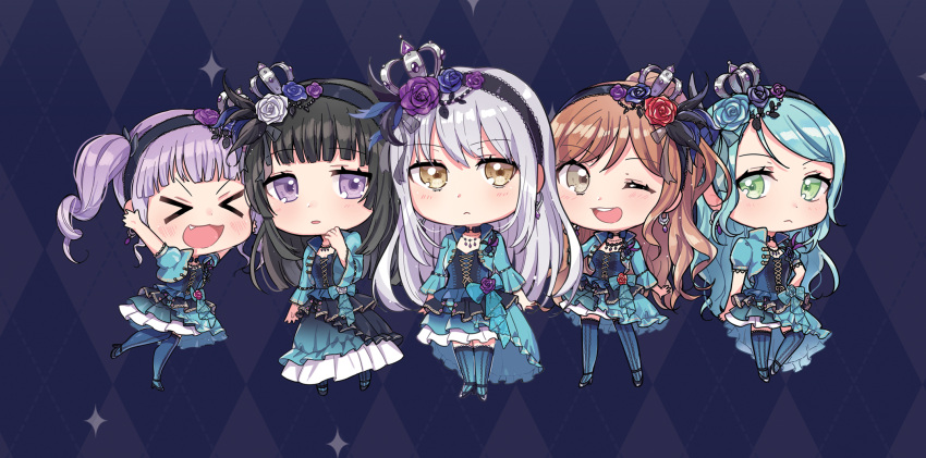 &gt;_&lt; 5girls :d ;d \o/ aqua_hair arms_up bang_dream! bangs black_feathers black_hair blue_background blue_flower blue_legwear blue_rose blue_skirt brown_eyes brown_hair chibi commentary_request cross-laced_clothes crown fang feathers flower frown green_eyes grey_eyes grey_hair hair_feathers hair_flower hair_ornament hairband hand_on_hip hand_on_own_face highres hikawa_sayo imai_lisa jewelry long_hair minato_yukina multiple_girls necklace one_eye_closed one_side_up open_mouth outstretched_arms plaid plaid_background purple_flower purple_hair purple_rose red_flower red_rose rose roselia_(bang_dream!) round_teeth shirokane_rinko skirt smile sparkle standing striped striped_legwear teeth thigh-highs tiny_(tini3030) twintails udagawa_ako upper_teeth v-shaped_eyebrows vertical-striped_legwear vertical_stripes violet_eyes white_flower white_rose xd