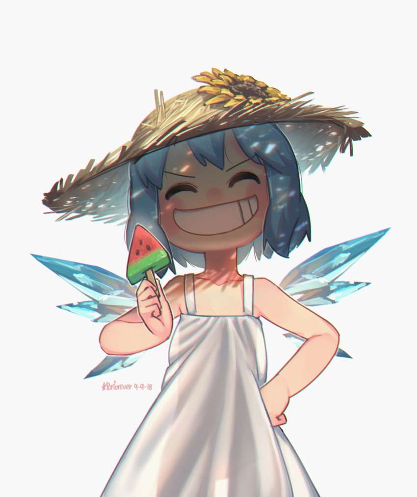 1girl artist_name backlighting blue_hair cirno closed_eyes commentary cowboy_shot dated dress english_commentary facing_viewer flower food grin hand_on_hip hat hat_flower highres holding holding_food ice ice_wings popsicle porforever see-through_silhouette short_hair simple_background sleeveless sleeveless_dress smile solo standing straw_hat sundress sunflower touhou v-shaped_eyebrows watermelon_bar white_background white_dress wings
