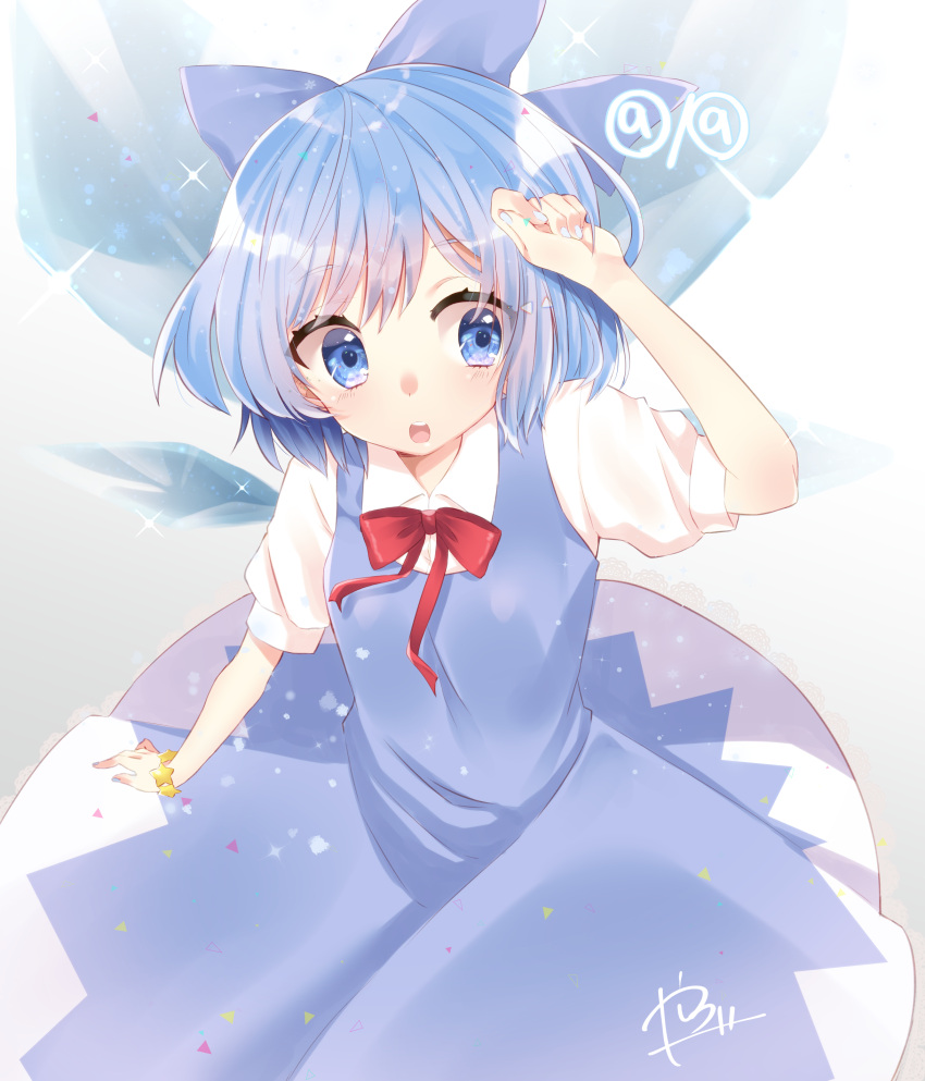 (9) 1girl :o abe_suke absurdres arm_up bangs blue_bow blue_dress blue_eyes blue_hair blue_nails bow bracelet cirno collared_shirt commentary_request dress eyebrows_visible_through_hair fingernails hair_between_eyes hair_bow highres ice ice_wings jewelry nail_polish open_mouth pleated_dress puffy_short_sleeves puffy_sleeves red_bow red_ribbon ribbon round_teeth shirt short_sleeves signature sleeveless sleeveless_dress solo sparkle star teeth touhou upper_teeth white_shirt wings