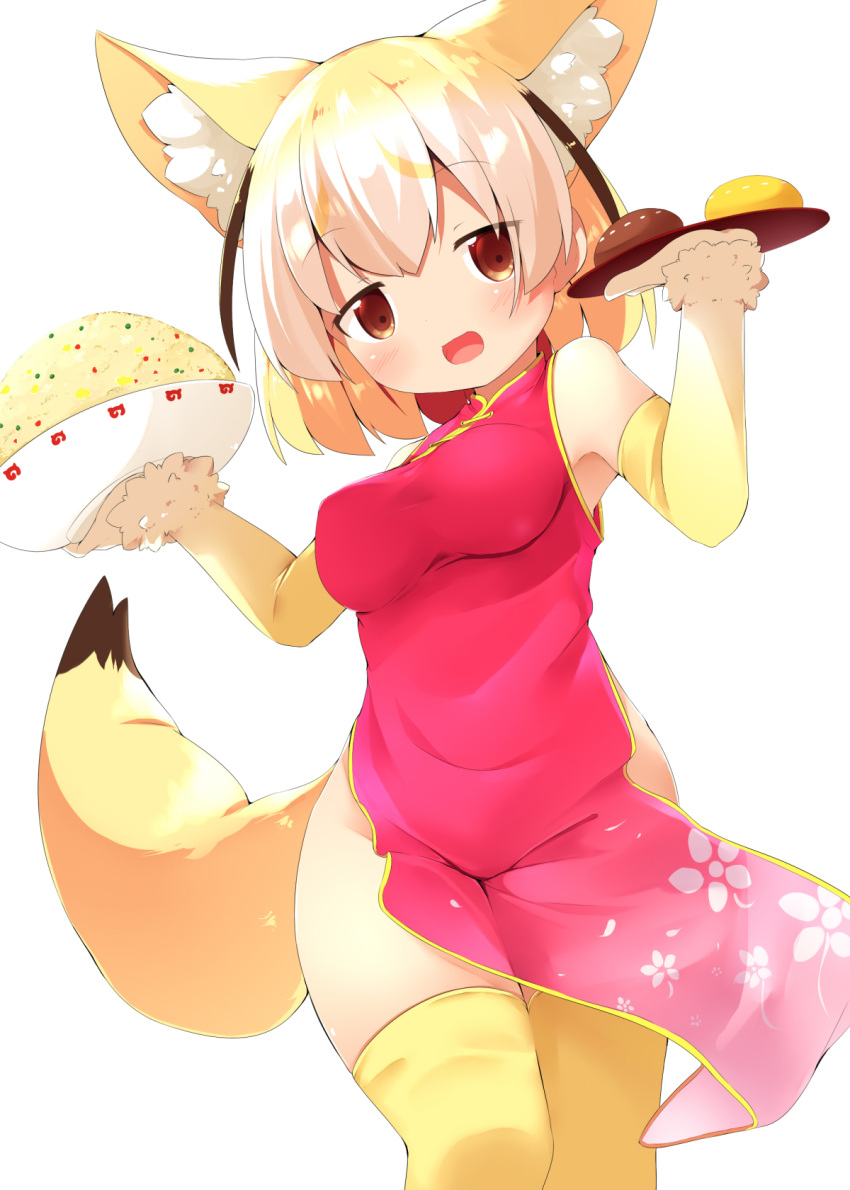 1girl :d alternate_costume animal_ears blonde_hair bowl brown_eyes china_dress chinese_clothes commentary_request dress elbow_gloves extra_ears eyes_visible_through_hair fennec_(kemono_friends) food fox_ears fox_tail gloves highres japari_bun japari_symbol kemono_friends looking_at_viewer makuran medium_hair multicolored_hair open_mouth pink_dress rice side_slit simple_background smile solo tail thigh-highs tray white_background white_hair yellow_legwear