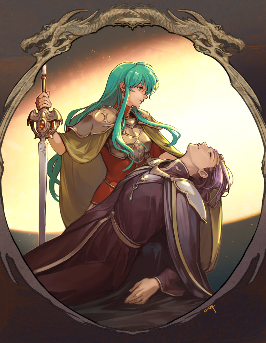 1boy 1girl ahoge aqua_eyes aqua_hair aureolin31 breastplate breasts cape cloak closed_eyes closed_mouth earrings eirika eyebrows_visible_through_hair fire_emblem fire_emblem:_seima_no_kouseki highres holding holding_sword holding_weapon jewelry light long_hair looking_away looking_down lyon_(fire_emblem) medium_breasts nintendo parted_lips pauldrons picture_frame profile purple_cape purple_hair red_shirt shiny shiny_hair shirt short_sleeves shoulder_armor sidelocks signature sword very_long_hair weapon yellow_cape