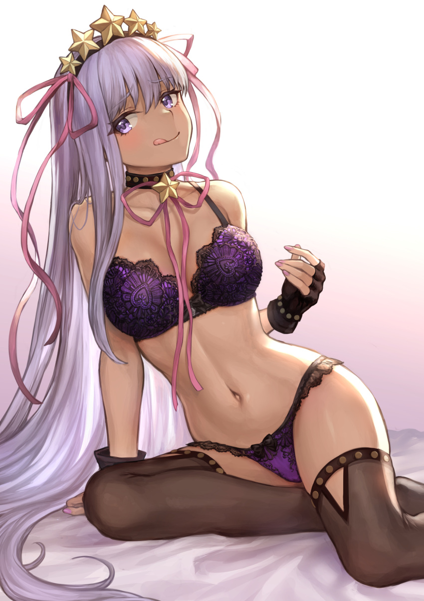 1girl alternate_costume arm_support bb_(fate)_(all) bb_(swimsuit_mooncancer)_(fate) bed bed_sheet black_gloves black_legwear bra breasts commentary dated earrings eyebrows_visible_through_hair fate/grand_order fate_(series) fingerless_gloves floral_print gloves gold_trim gradient gradient_background hair_ornament hairband head_tilt highleg highleg_panties highres jewelry large_breasts licking_lips long_hair looking_at_viewer mashu_003 nail_polish navel on_bed panties purple_bra purple_hair purple_panties purple_ribbon ribbon rose_print signature sitting solo star star_earrings star_hair_ornament tan thigh-highs tongue tongue_out twitter_username underwear underwear_only very_long_hair violet_eyes