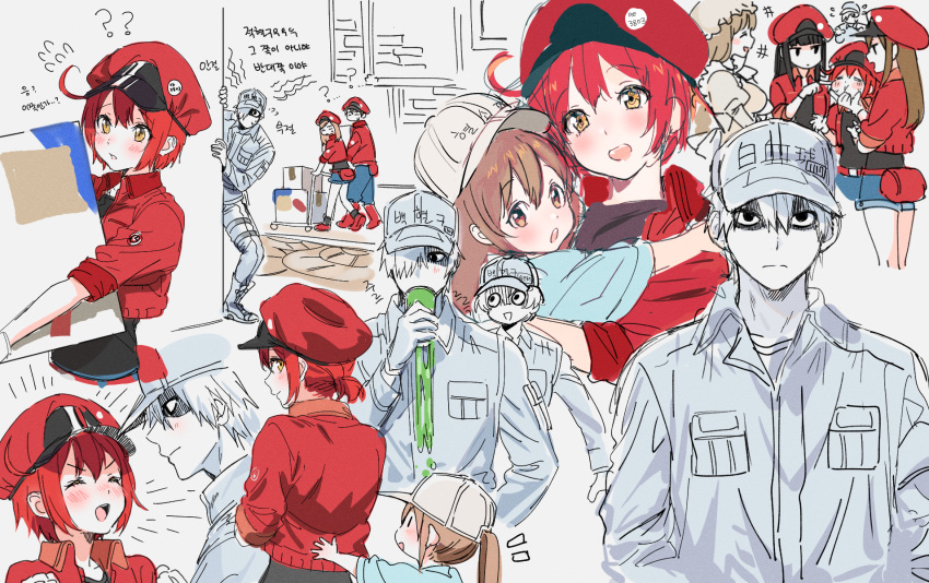 2boys 6+girls aa-5100 ae-3803 blush box brown_hair carrying closed_eyes comic cup drinking flat_cap girl_sandwich happy hat hataraku_saibou highres hug korean looking_at_another macrophage_(hataraku_saibou) mery_(apfl0515) multiple_boys multiple_girls nt-4201 peeking_out platelet_(hataraku_saibou) ponytail red_blood_cell_(hataraku_saibou) redhead sandwiched shaded_face smile stalking text_focus translation_request u-1146 u-4989 white_blood_cell_(hataraku_saibou) white_hair