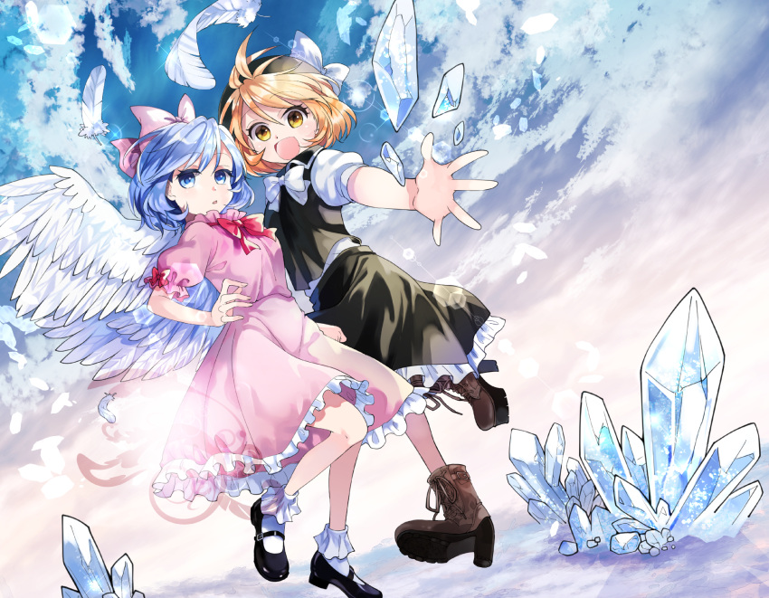 2girls black_hat blonde_hair blue_eyes blue_hair boots bow bowtie clouds commentary_request cross-laced_footwear crystal dress frilled_skirt frills hair_bow hair_ribbon hat high_heel_boots high_heels highres katayama_kei mai_(touhou) mary_janes multiple_girls open_mouth pink_bow pink_dress puffy_short_sleeves puffy_sleeves red_bow red_neckwear ribbon shoes short_hair short_sleeves skirt sky touhou touhou_(pc-98) white_neckwear white_wings wings yellow_eyes yuki_(touhou)